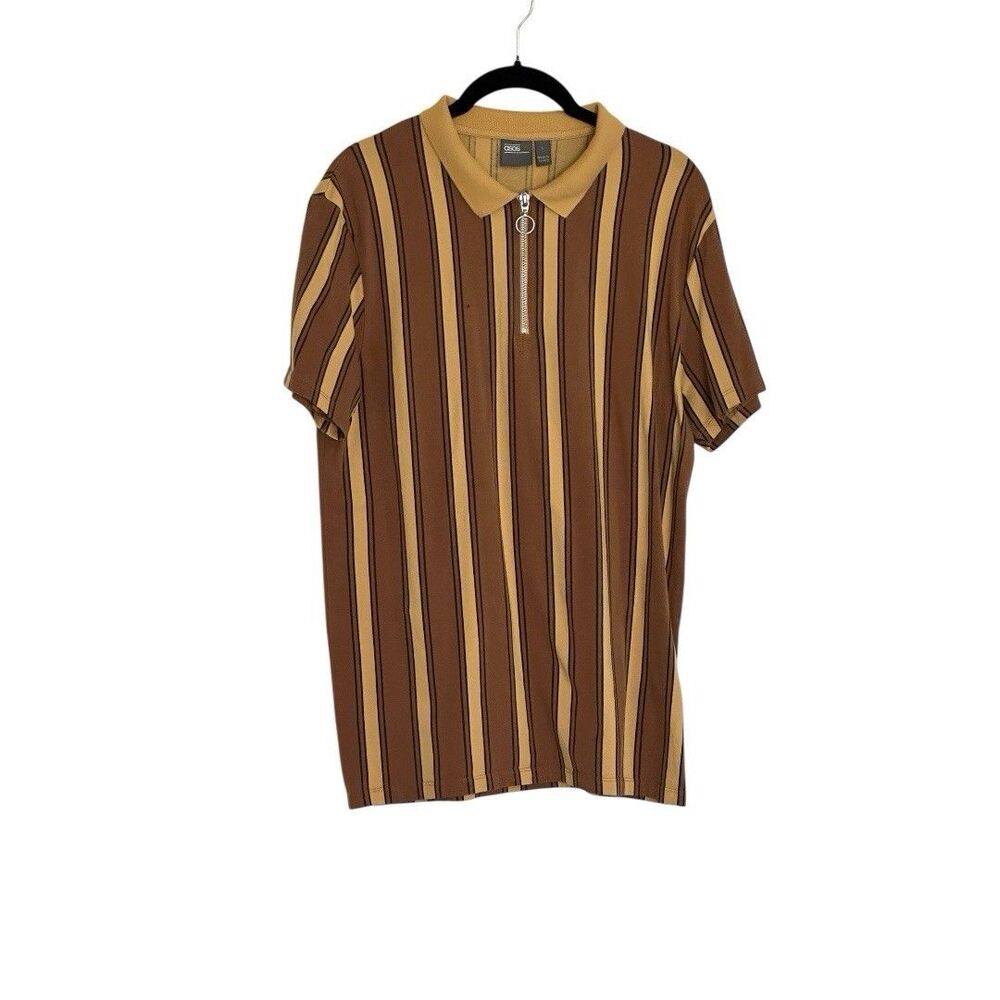 ASOS Design Men’s Skinny Polo Shirt Brown Stripe 1/4 Zip Large